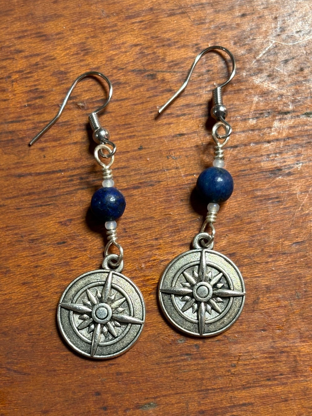 Silver Compass Drop Earrings with Navy Bead